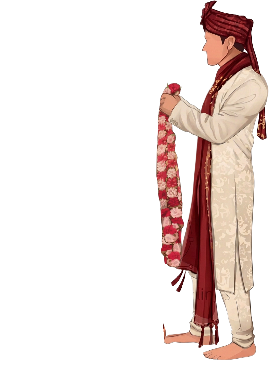 Groom in a maroon turban and stole arriving with a floral garland